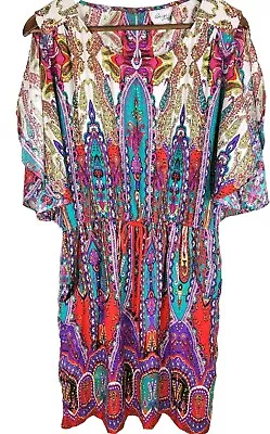 Beige By ECI Blue Purple Yellow Kaleidoscope Sheath Split Sleeve Dress - Size 14 • $7.95