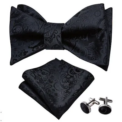 Barry Wang Mens Bowtie Self Tied Black Paisley Silk Jacquard Bow Tie Set Wedding • $10.99