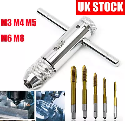 6Pcs TAP WRENCH & WRENCH RATCHET TOOL T-HANDLE METRIC M3 M4 M5 M6 M8 AND DIE SET • £10.92