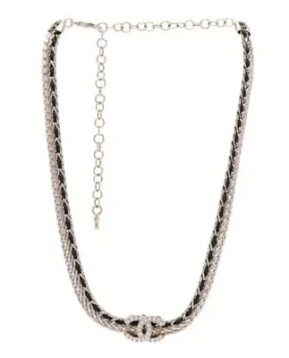 Chanel Strass Choker Crystal Necklace Black Leather Chain Lambskin CC • $285