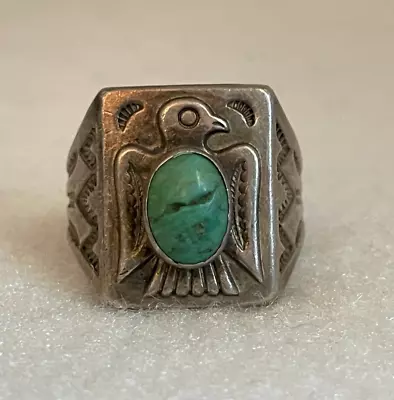 Vintage Navajo Bell Sterling Silver Turquoise Thunderbird Ring Size 11 • $300