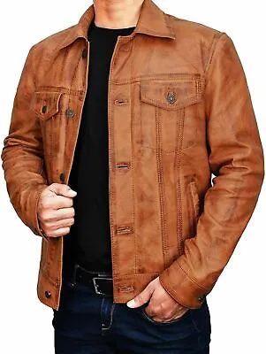 Mens Tan Brown Trucker Vintage Jacket Classic Style Real Lambskin Leather Jacket • $94.99