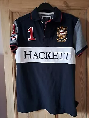 Polo Shirt Hackett England Small  Navy & White With Logos Excellent Condition  • £20