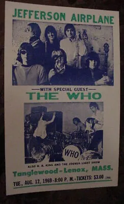 $69.99 • Buy VINTAGE JEFFERSON AIRPLANE THE WHO BB King Joshua Light Show 60s CONCERT POSTER