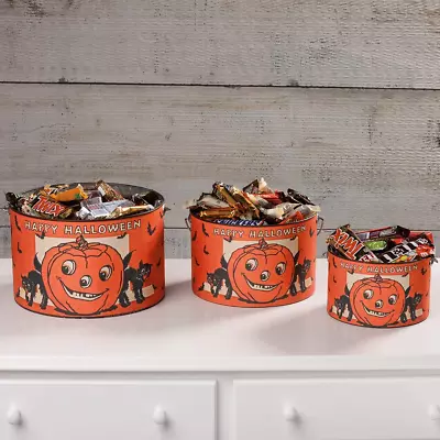 Retro Look Halloween Metal Buckets 3pc Happy Halloween Bucket Pumpkin Black Cat • $40.50