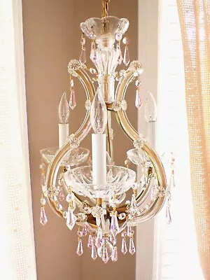 Vintage Italian Clear & Pink Crystal Cage Style 3 Arm Chandelier 4 Lights Must C • $450