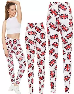 Womens Plus Sizes Stretch Union Jack Flag UK Print Leggings Ladies Pants Trouser • £6.99