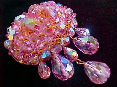 Vintage Unsigned Vendome Style Iridescent Pink Crystal Bead Pin / Brooch • $24