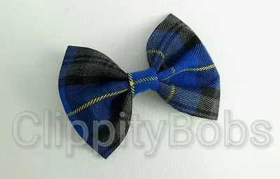 Ladies Handmade 4  Royal Blue Black & Yellow Tartan Fabric Bow Girls Hair Clip • £4