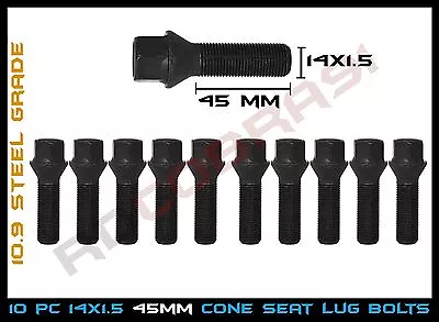 10 M14x1.5 45mm Shank Black Cone Seat Lug Bolts Audi VolksWagen Mercedes Benz • $28.97