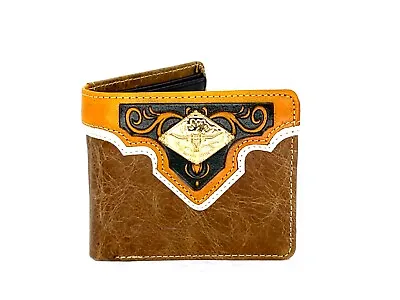 Western Short Wallet Men Longhorn Tooled Rodeo Brown Orange Leather Bifold 4''x3 • $19.99