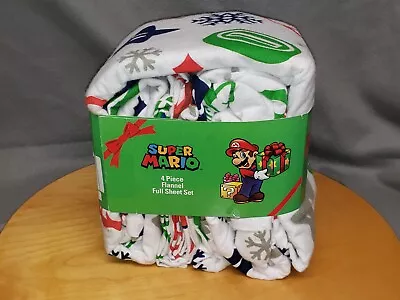 Super Mario 4 Piece Flannel Full Bed Sheet Set  Happy Holiday's  Theme New • $54.99