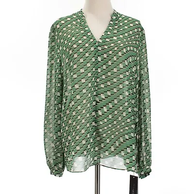 Marc Cain NWT V-Neck Long Sleeve Sheer Blouse Size N5 US 12 In Green/Black/White • $247.49