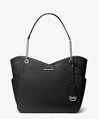 Michael Kors Jet Set Travel Large Logo Chain Shoulder Leather Tote PVC Black • $116.68