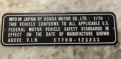 Honda CT70 SL70 Z50 Mini Trail VIN# Head-Tube ID Tag Custom Engraved Collector • $43.99