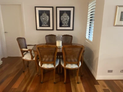 $200 • Buy Vintage Dining Table & 6 Whicker Chairs With Stripe Fabric - Very Good Condition