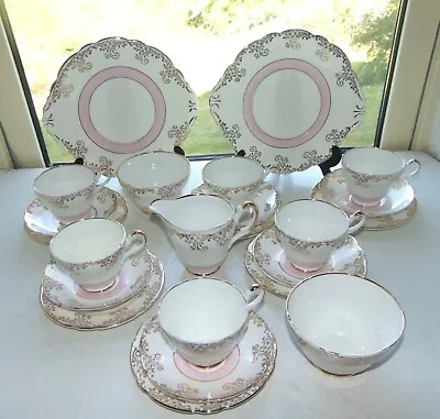£48 • Buy Regency Bone China C1950s Pink & Gilt Scrolls 23Pc Cups Saucers Plates Jug Bowl
