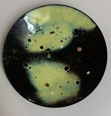 Vintage Hand Made Abstract Enamel On Copper Plate Dark Brown And Pear Green 7” • $15.99