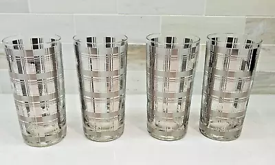 Silver Plaid Culver Glasses Barware Set 4 Mid Century Modern High Ball Glassware • $36