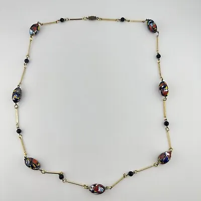 28” Vintage 1970s Gold Tone Millefiori Style Art Glass Bead Station Necklace • $35