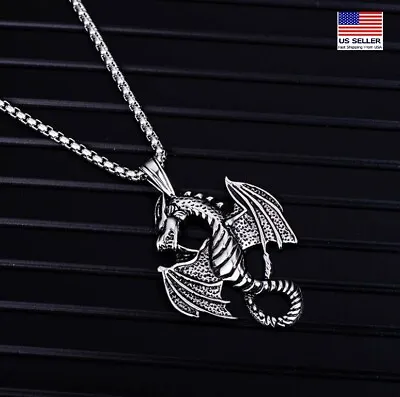 MEN Stainless Steel Retro Punk Spitfire Flying Dragon Pendant Necklace 0819 • $6.99