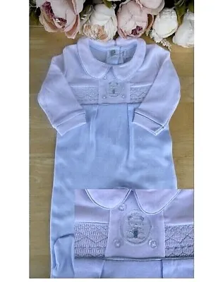 £11.99 • Buy 100% Cotton Spanish Style Blue Baby Smocked Teddy Embroidery All In One Romper