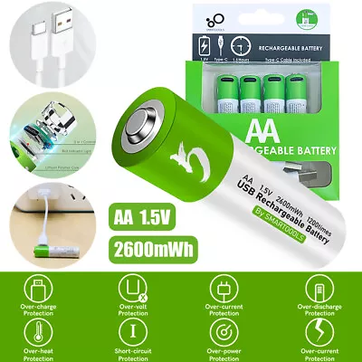 Rechargeable USB Battery 1.5V 4 X AA ECO Lithium Batteries 2600mAh Type C Cable • £15.99