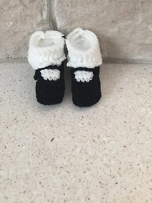 Baby Booties Mary Jane 5” Sole Black With White Socks New Handmade Crochet • $14.99