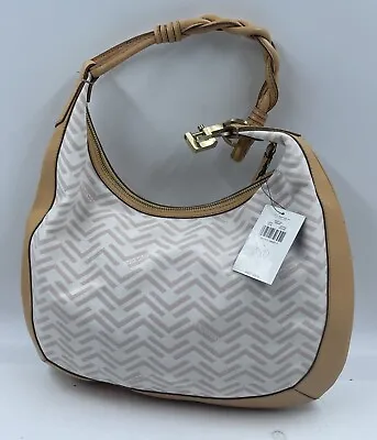 Via Spiga Women's Handbag Pink Camel Chevron Canvas Leather Pockets Shoulder Bag • $54.44