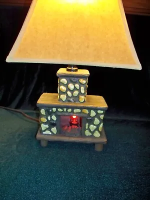 Vtg Folk Art Rock Stone Wood Fireplace Hearth Table Lamp Retro 14” X 14=” X 6” • $48.40