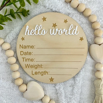 Birth Announcement Plaque | Hello World Newborn Sign | Baby Announcement Plaque • $25