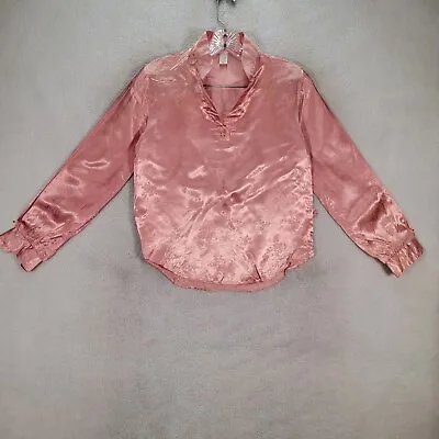Vtg Unbranded Womens Top Size S Pink Floral Satin High Collared Unique Blouse • $11.87