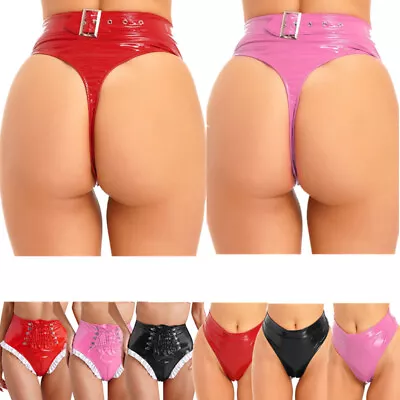 UK Women's Shiny Latex Wet Look Booty Shorts High Waisted Panties Cheeky Thongs • £14.34