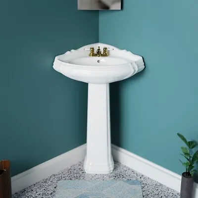 Renovator's Supply White Corner Bathroom Pedestal Sink Sheffield Centerset Holes • $235.99