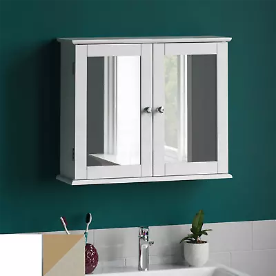 Bathroom Wall Cabinet Storage 2 Door Mirrored Cupboard MDF Shelf Vanity Unit • £34.99