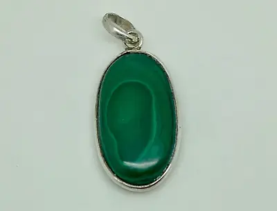 Vintage Sterling Silver Natural Malachite Cabochon Oval Drop Pendant • £19.99