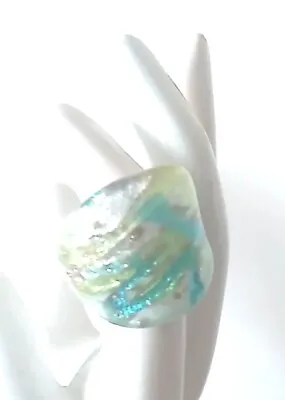 Vtg Lucite Lrg Statement Ring Size 7.75-8 Gold Silver Aqua Lime Swirl Handmade • $17.50