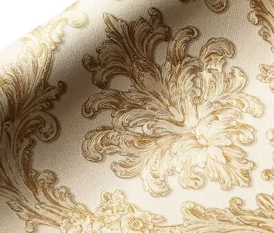 Quality Ivory Cream Gold Embossed Damask Brocade Glitter Wallpaper 3d Textured • £9.98