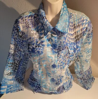 Erin By Erin London Floral Vibrant Linen Blend Blouse Large Blue See Through • $16.01