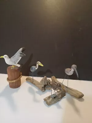 $19.95 • Buy Lot Of 4 Vintage Hand Carved Wood  Shore Birds On Driftwood Seagull Ect..