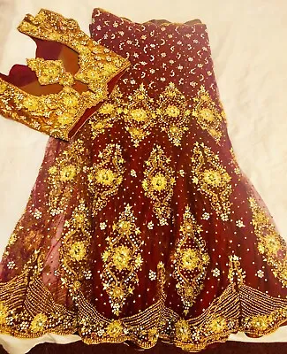 £200 • Buy Lovely Dark Maroon&Simari Glod Designer Bridal Langa Sari,blouse Size 12