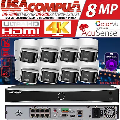 4K ColorVu Hikvision 8CH CCTV Camera System 4MP Panoramic Dual Len 4mm Audio Lot • $75.99