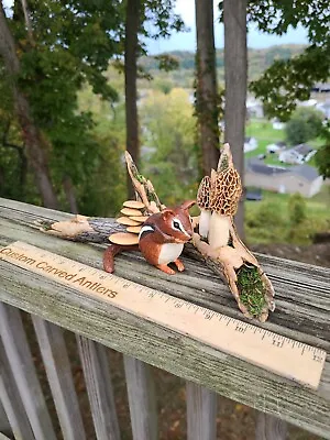Hand Carved Deer Antler Morel Mushroom Chipmunk Shed Carving Folk Art Elk Moose • $850