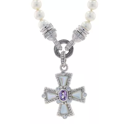 Judith Ripka Pearl Amethyst CZ Maltese Cross Necklace 18  Sterling 925 Faith • $249.99