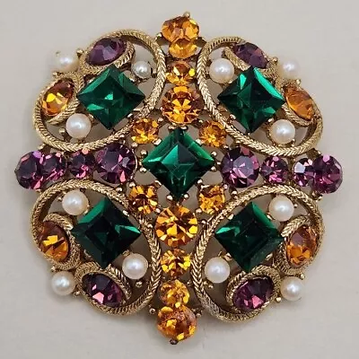 Vtg M Jent Cross Brooch Domed Estate Green Rhinestone Faux Pearl Gold Tone READ • $49.95