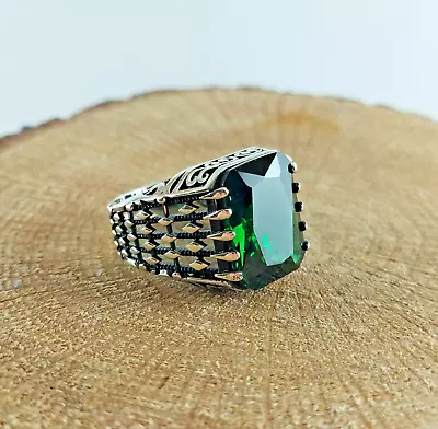 925 Sterling Silver Handmade Men's Ring With Square Shape Green Emerald Stone • £52.12