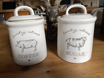 Coffee And Sugar Ceramic Canisters David Mason Sheep & Pig Design Cream Adorable • £4