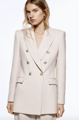 $109 • Buy Zara Woman New Double Breasted Long Blazer Beige-pink 2414/786 Size L