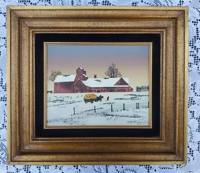 H Hargrove Barn In Winter Oil Painting Canvas Signed 14  X 16 1/2  Farm Scene • $35.96