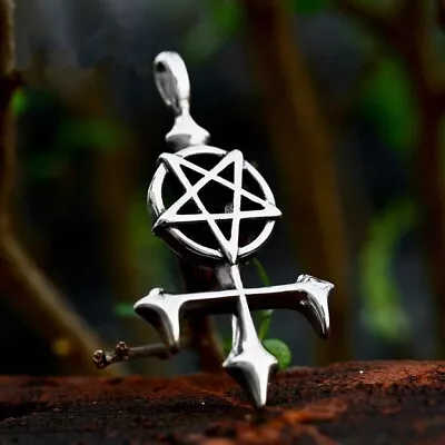 Mens Baphomet Satanic Inverted Pentagram Cross Pendant Necklace Stainless Steel • $10.99